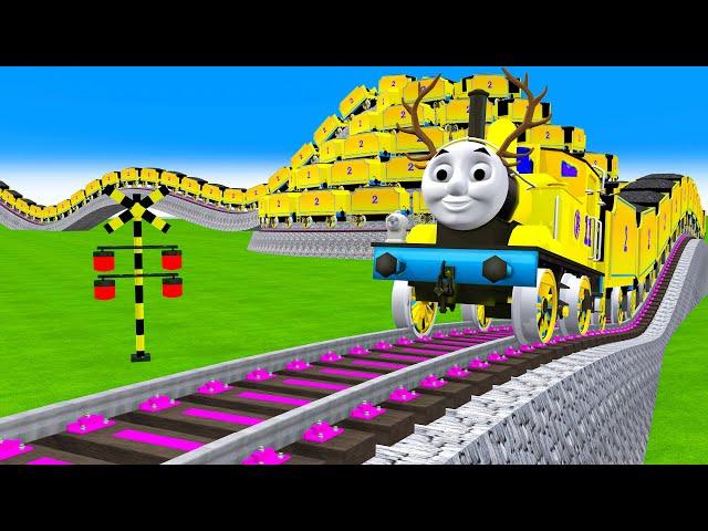 [踏切アニメ] あぶない電車  YELLOW THOMAS TRAIN Climbing Pyramid Fumikiri3D Railroad Crossing Animation