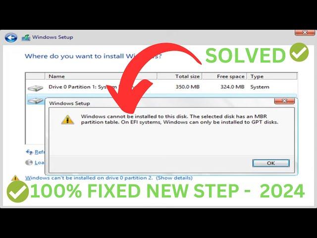 100% FIXED Windows cannot be installed to this disk. the selected disk has an MBR partition table