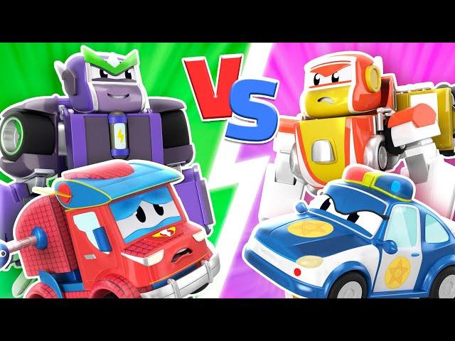 SUPER SPIDERMAN TRUCK is taken by EVIL ROBOT !  Robot & Police Car Transform  Robofuse