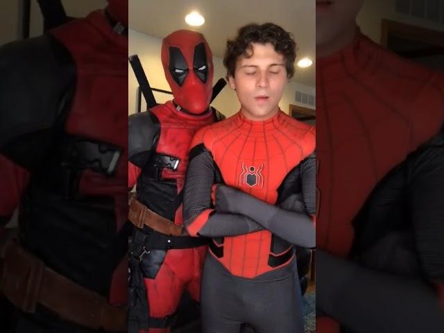 He’s so adorable when he tries to be a bad boy!#deadpool#spiderman#adorable#funny#squad#tomholland