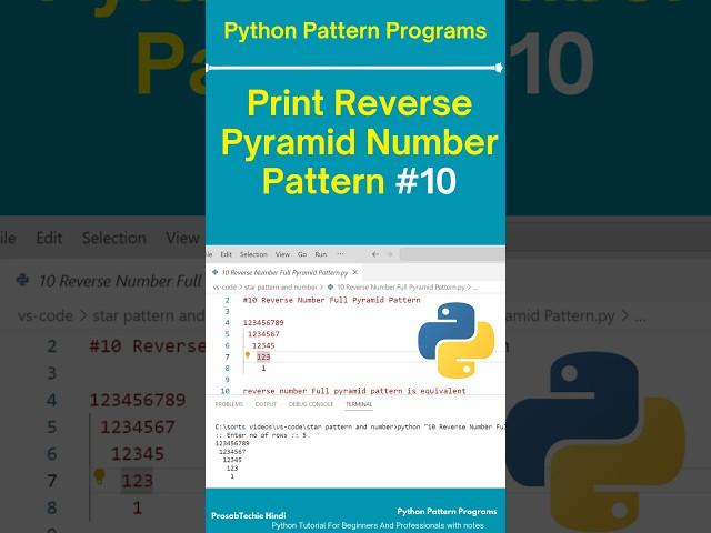 print reverse pyramid number pattern -10 | print reverse pyramid pattern python | pattern programs