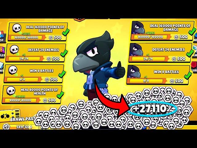 I Got 27110 TOKENS With CROW NONSTOP!  77 QUESTS! 63 TIERS! Brawl Stars