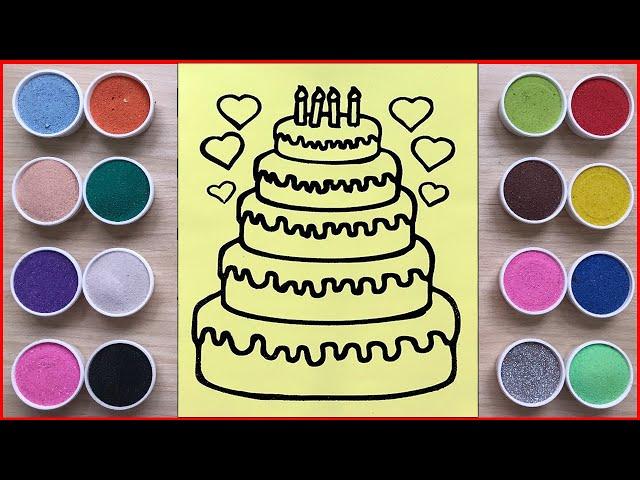 Sand painting 5 Tiers Birthday Cake, how to draw and paint with color sand (Chim xinh channel)