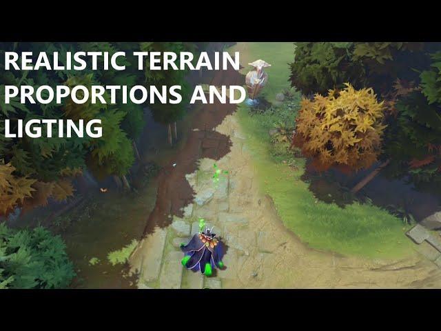 DOTA: A true Bird's Eye View - Realistic terrain proportions, lighting, and a sky.