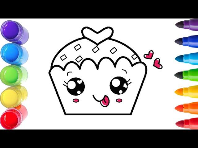 How to Draw a Cute Birthday Cupcake, Easy Draw & Color Step by Step for Kids and Toddlers  Child Art