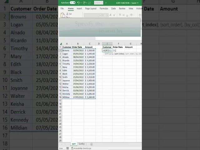 Sorting Data in Excel using SORT Function