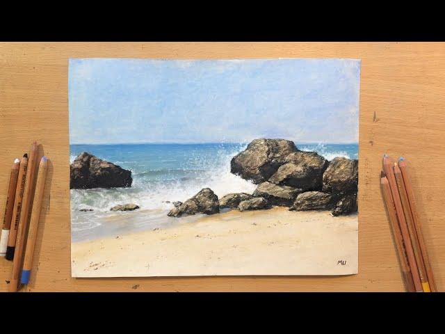 Pastel Landscape - Waves Crashing on the Beach