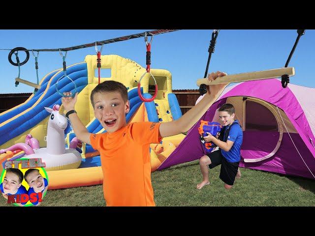 24 Hour Overnight in Backyard Fort!  Chase vs. Shawn Nerf Battle and Floor is Lava! | Steel Kids