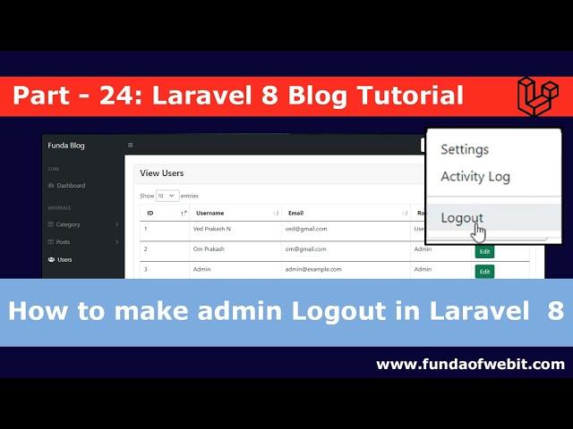 Laravel 8 Blog - 24: How to make admin logout in laravel  8