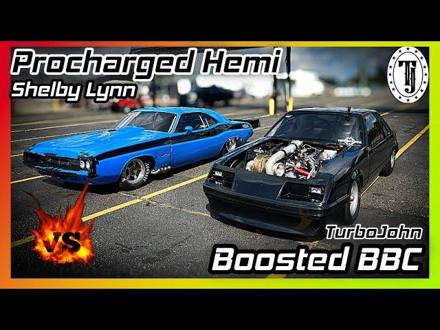 Shelby Lynn’s Procharged Hemi vs TurboJohn Boosted BBC..... EPIC Drag Race....