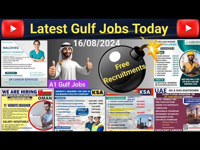 Latest free gulf jobs today,dubai jobs, gulf jobs August 2024, free recruitments for gulf 