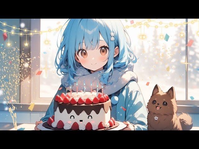 Birthday Bliss: Blue Hair Anime Girl & Pomeranian Celebration 