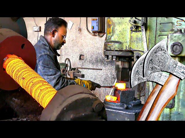 Superb Forging Twisted Damascus Axe, Next Level of Massive Viking Axes Production