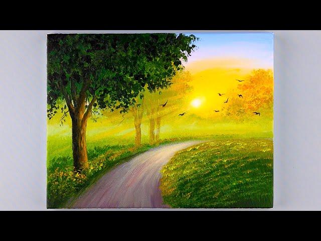 Landscape Painting / Sunrise painting / Acrylic painting for Beginners