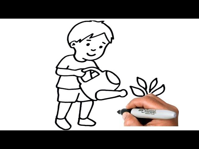 How to DRAW a BOY Watering Plant Step by Step