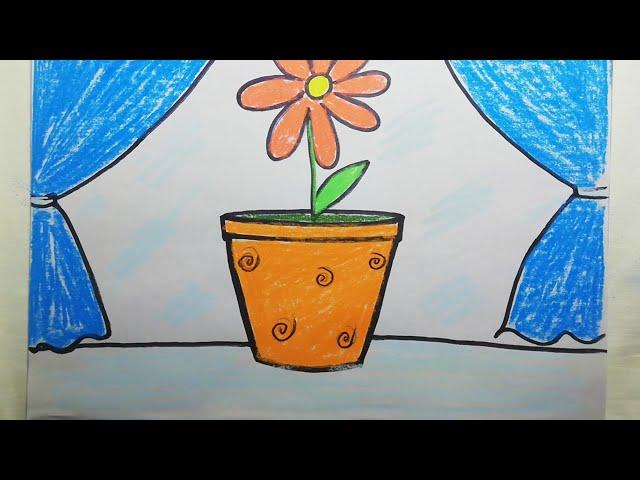 Как нарисовать Цветок в горшке мелками . How To Draw a Flower in a pot with crayons.