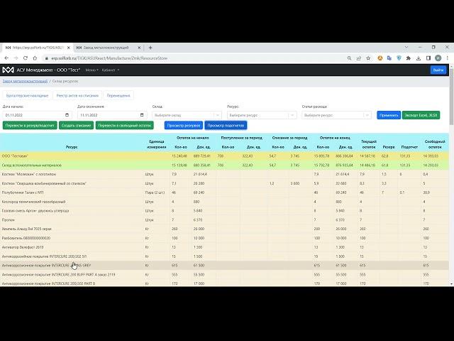 Урок АСУ Менеджмент. Отчеты по движению металлопроката, метизов, комплектующих и прочих ресурсов