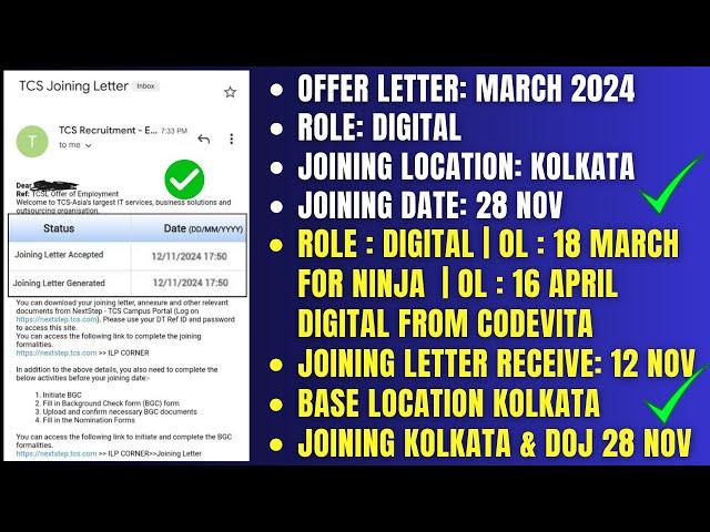 TCS START SENDING JOINING LETTER FOR KOLKATA REGION | TCS NINJA, DIGITAL, PRIME & JOINING ON 28 NOV