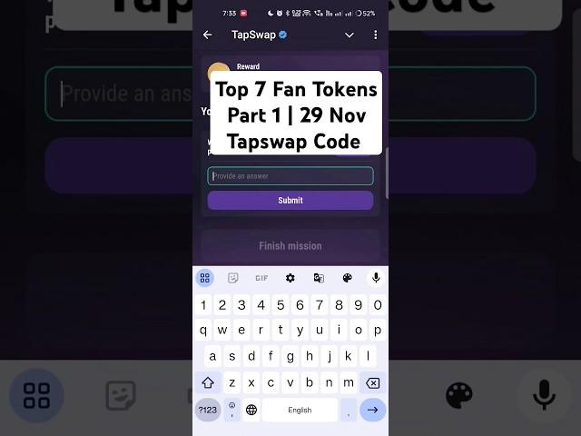 Top 7 Fan Tokens Part 1 | Tapswap Code Today | 29 November #tapswapcode #tapswap #shorts #crypto