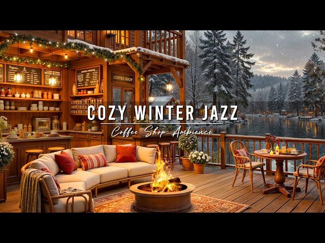 Cozy Winter Porch Ambience  Relaxing Jazz Music and Crackling Fireplace on a Snowy Day for Work