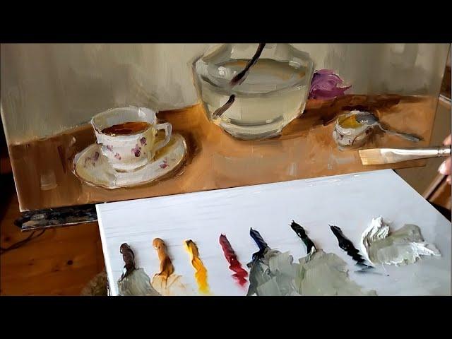 How to Paint a Porcelain Cup. Fragment of work on the painting. Palette and mixing paints