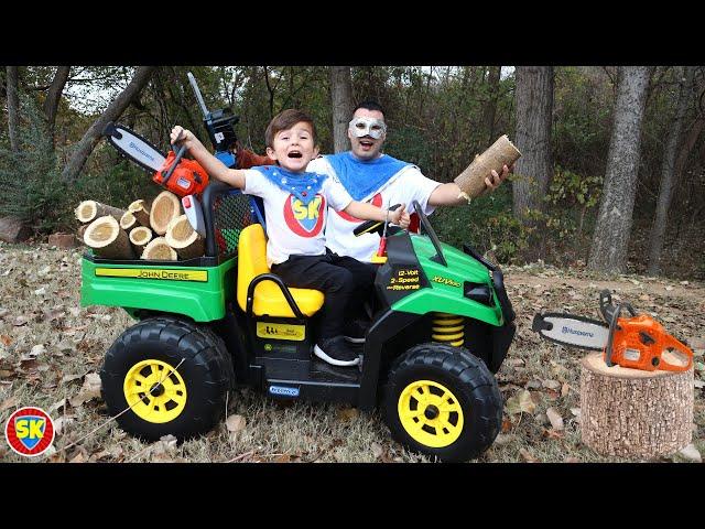 Chainsaw tree cutting and finding toy power tools with our ride on kids truck | Yardwork for kids