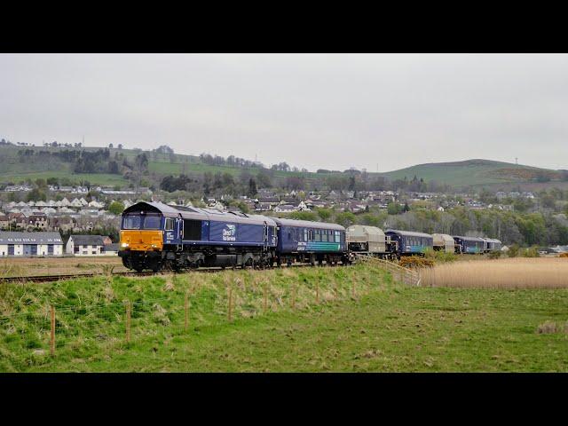 Direct Rail Services 66304 and 66305 passing Dingwall with a jumbo nuclear train