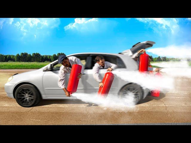 RIDING A CAR USING ONLY FIRE EXTINGUISHERS!