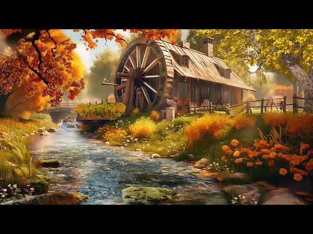 Autumn Cool Streams Forest 4K : FALL Leaves, Streams Sounds, First Birdsong with Calm Piano Music