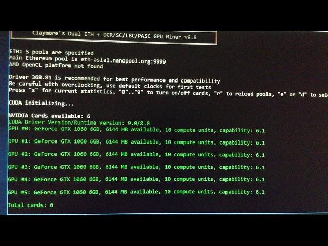 6 GTX1060 Ethereum hash rate,settings,power consumption