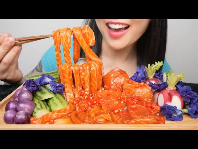 BIG BITE SPICY FLAT AND NOODLES SALMON + FRESH VEGGIES (ASMR EATING SOUNDS) NO TALKING | SAS-ASMR