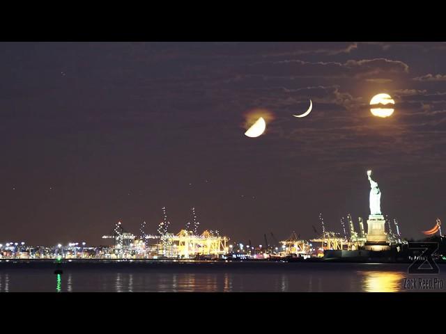 Three Moons and a Statue - A Moon-Stack Time-lapse of the crescent moon, half full and full moon