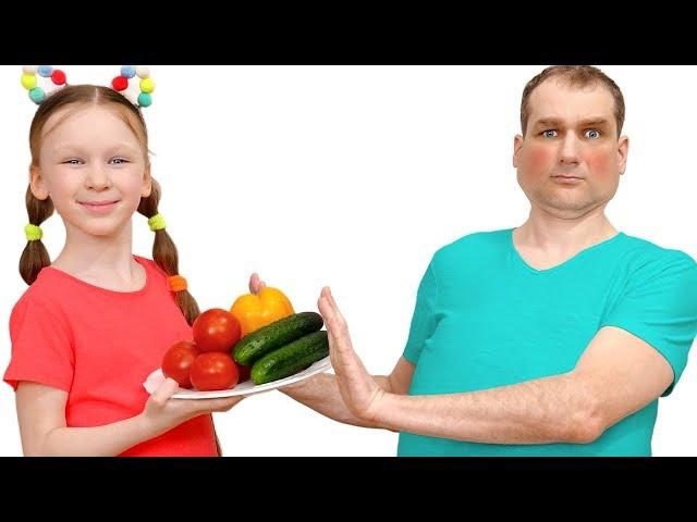 Lisa teaches dad to eat healthy food and to do exercises