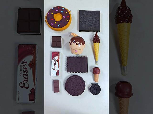 fancy chocolate stationery items- pencil sharpener, money bag, eraser, funny pen, #craft #stationery