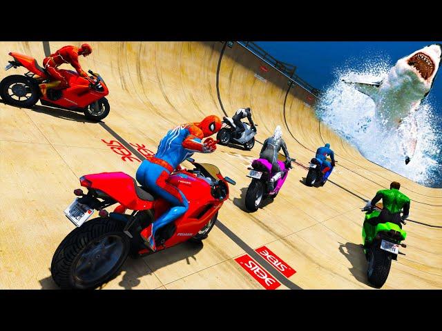 Spiderman and Friends Superheroes - Cars and Motorcycles Ragdoll with Hungry Sharks Over Sea