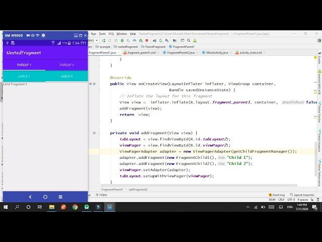 Nested Fragment in Android | Fragment within Fragment in TabLayout | 2020 | Latest | Markhor Codex