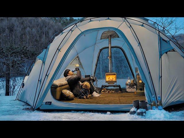 Igloo Tent Camping with My Dog . Korean Chimaek Chicken and Beer . Wood Stove ASMR