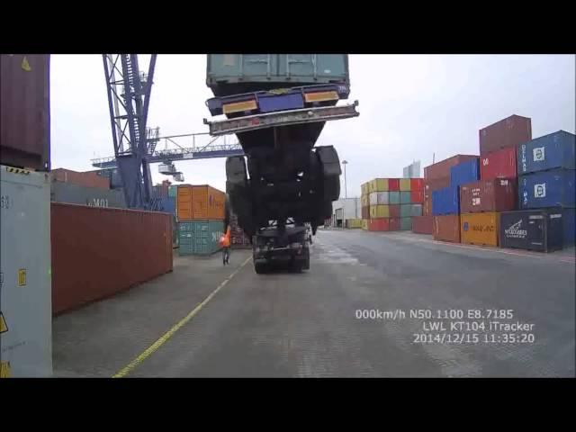 Truck lifted up at container dock