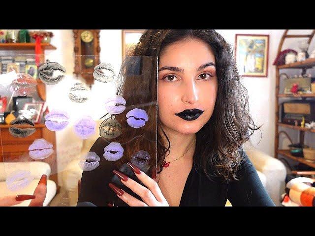 ASMR BLACK and PURPLE LIPSTICKS GLASS KISS (long nails tapping)