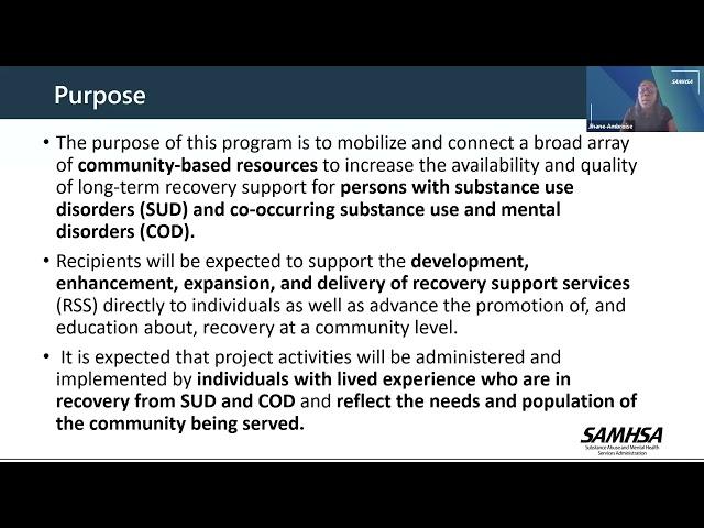SAMHSA Building Communities of Recovery (BCOR) Pre-Application Webinar (Audio Description)