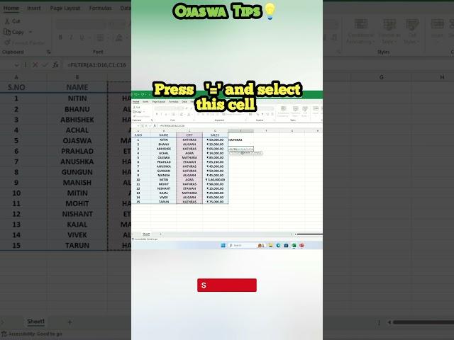 Filter Formula In Excel #shorts #viral #ojaswatips #excel