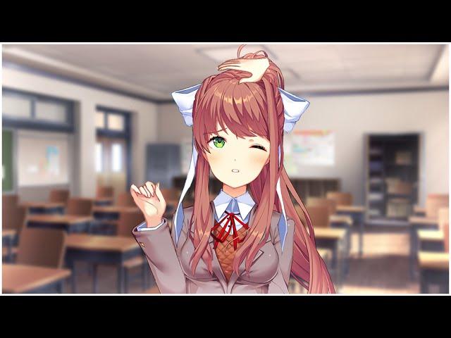 Monika gets attention from an animated magic floating hand.