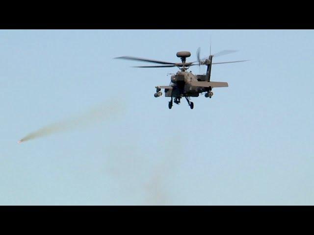 AH-64 Apache Helicopter in Action - Rocket Launch, Machine Gun Live Fire