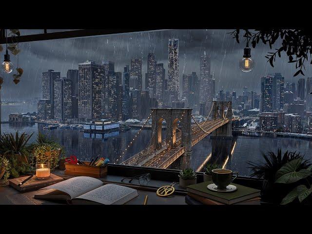 Lower Manhattan Ambience Overlooking Brooklyn Bridge / Rain and Distant Thunder Sounds