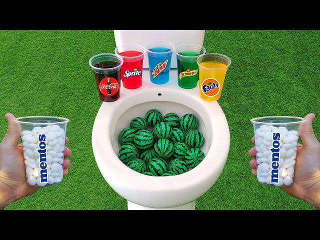 Watermelon Balls VS Popular Sodas !!! Fanta, Coca Cola, Mtn Dew, Schweppes and Mentos in the toilet