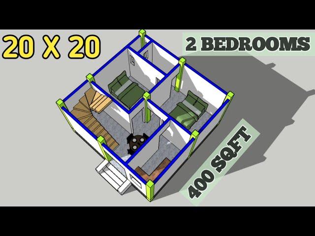 20by20 house plan with 2 bedrooms || 20x20 house plan with 3d elevation || 400 SQFT HOUSE PLAN