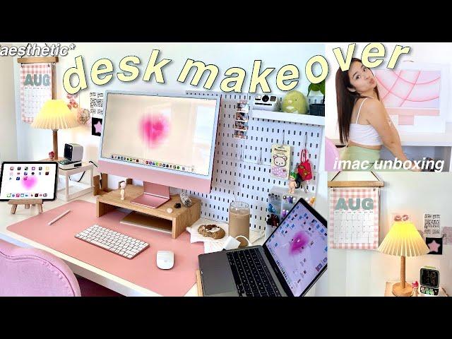 AESTHETIC DESK MAKEOVER! desk organization, setup for productivity, imac unboxing, + stationary haul