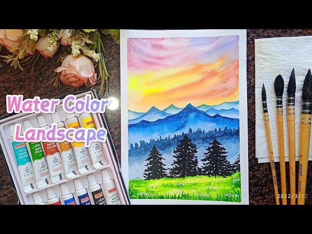 Water Color Landscape. Easy Landscape with mountains.