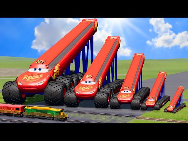 Big & Small, Long & Tall Lightning Mcqueen with Monster Truck Wheels vs Trains | BeamNG.Drive