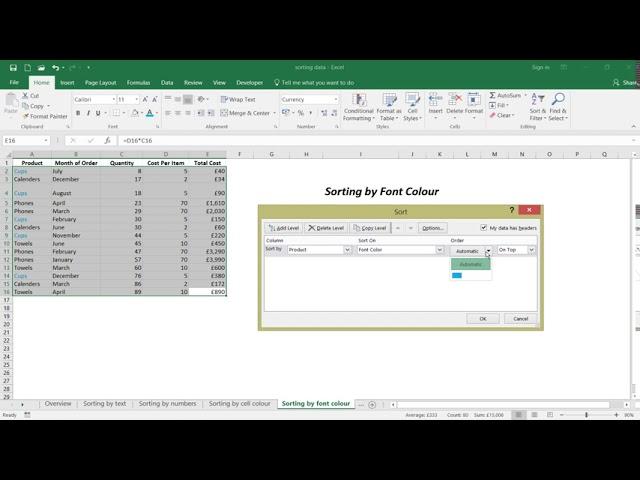 Sorting by Excel Font Colour